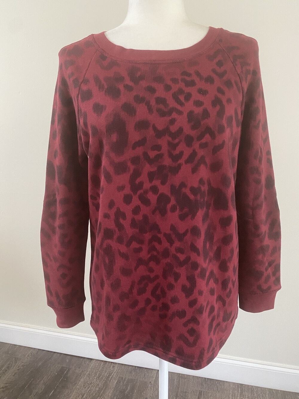 Sandro Paris Women’s LS Animal Print Maroon Trimming Lamb Leather Pullover Sz 1